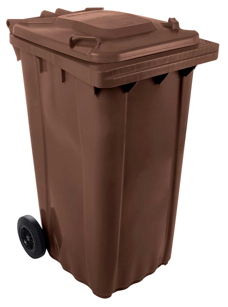 Contenitore per rifiuti con coperchio e ruote dim marrone 240 litri.