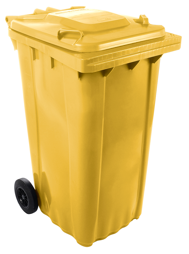 Contenitore per rifiuti con coperchio e ruote dim giallo 240 litri.
