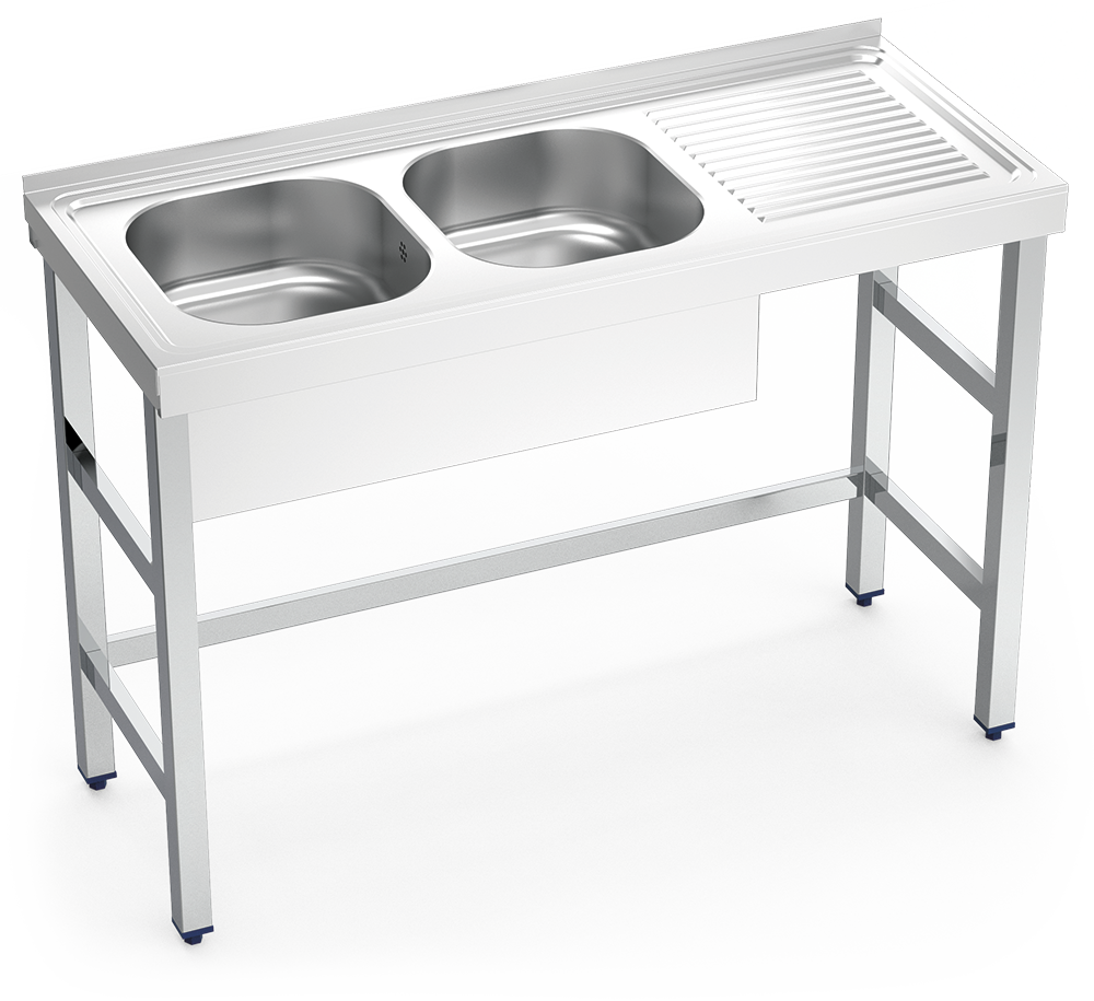 Plonge inox sur pied 2 bacs et égouttoir