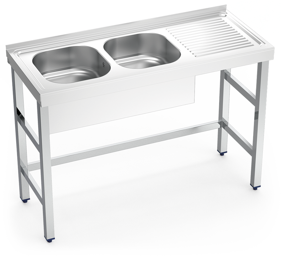 Plonge inox sur pied 2 bacs et égouttoir