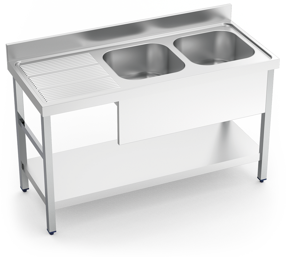 Edelstahl-Waschbecken mit Regal darunter Serie 600 2 Becken 1 linkes Abtropfbecken teilweiser Verkleidung
