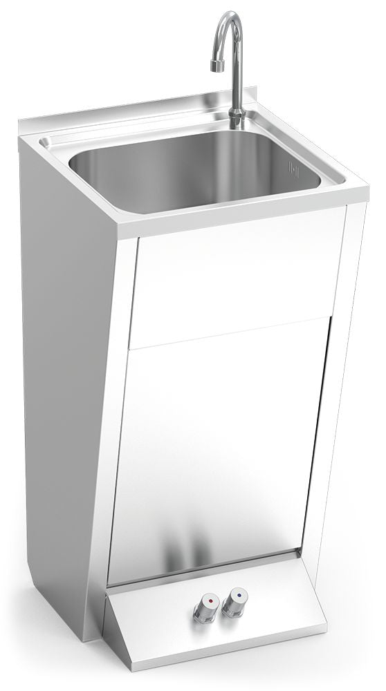 Lave mains inox sur pied, deux commandes, eau chaude et froide