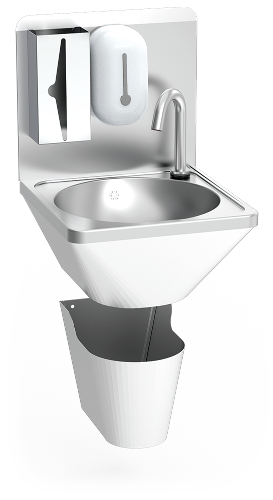Stainless steel wall-mounted integral hand sink. Touchless infrarred operated. Not mobile. Mixed hot and cold water.