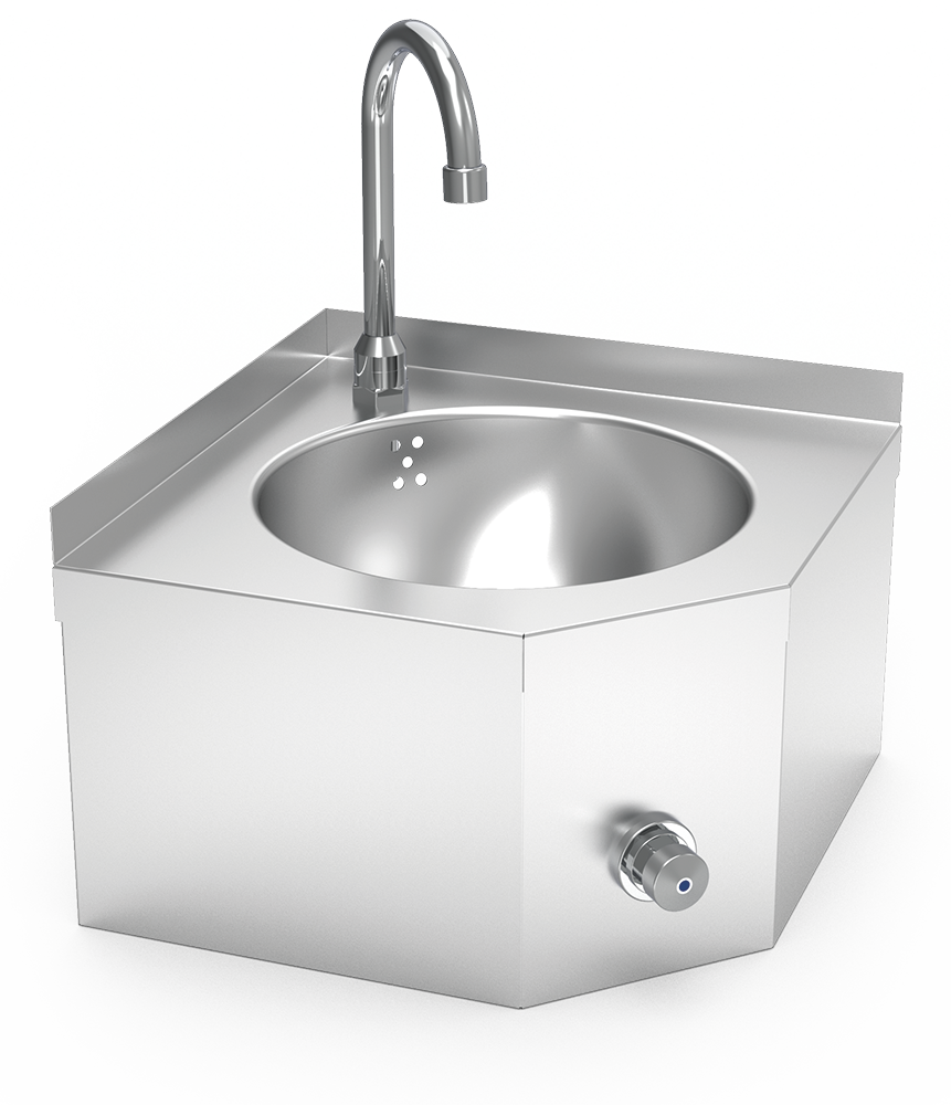 Handwaschbecken aus Edelstahl mit einer push Kniebedienung von Außen an