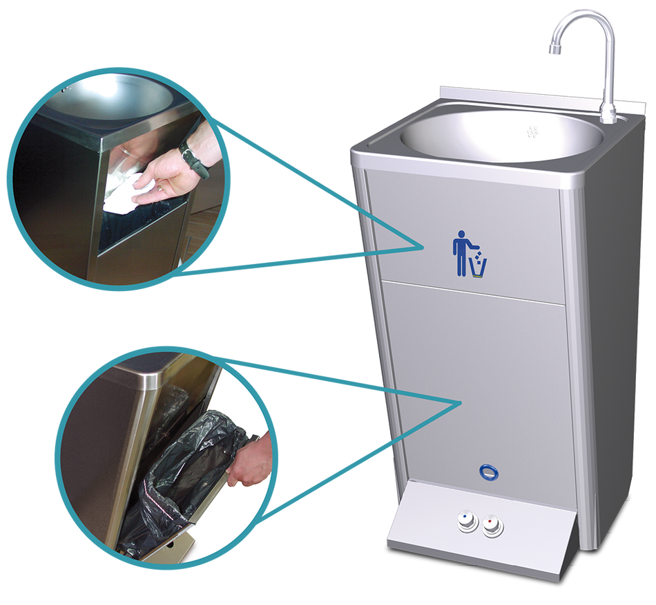 Lavabo autonomo su piede e portatile. 2 pulsanti per acqua fredda e calda