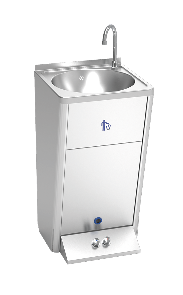 Lave-main aut. sur pied autonome et portable. 2 poussoirs d´eau froide et chaude