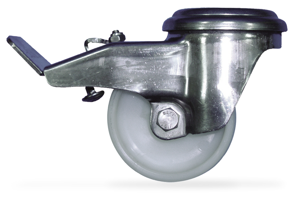 Ruota in acciaio inox con fascia di rotolamento in nylon e freno