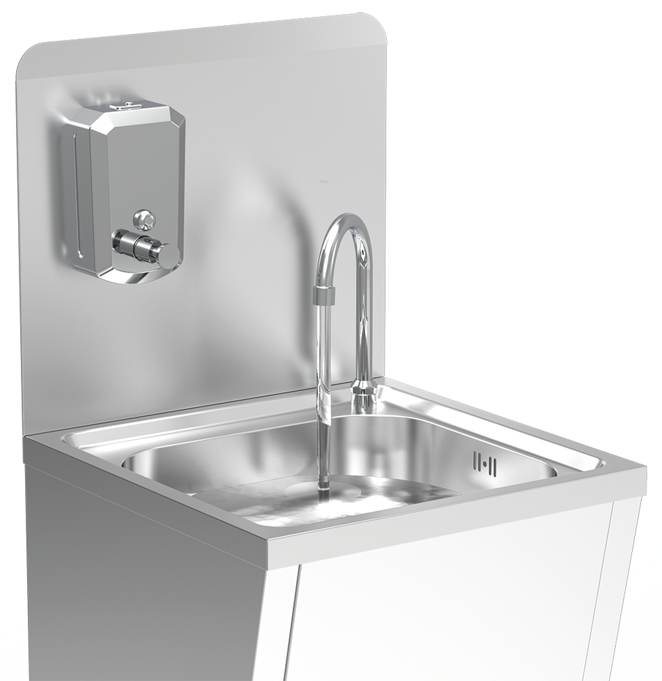 Stainless steel floor-standing hand sink. Foot operated. Not mobile. Mixed hot and cold water.