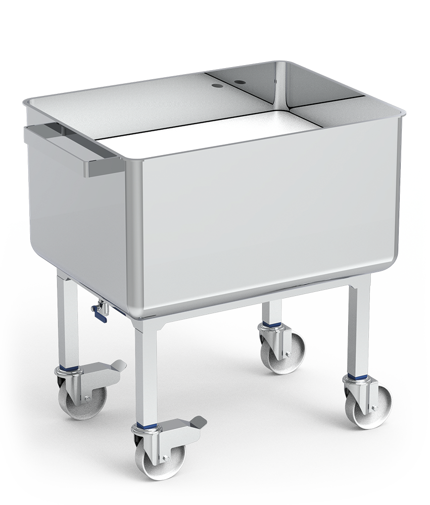 Mobius Container Cart Stainless steel container cart with liftable bottom and drain | Lioninox