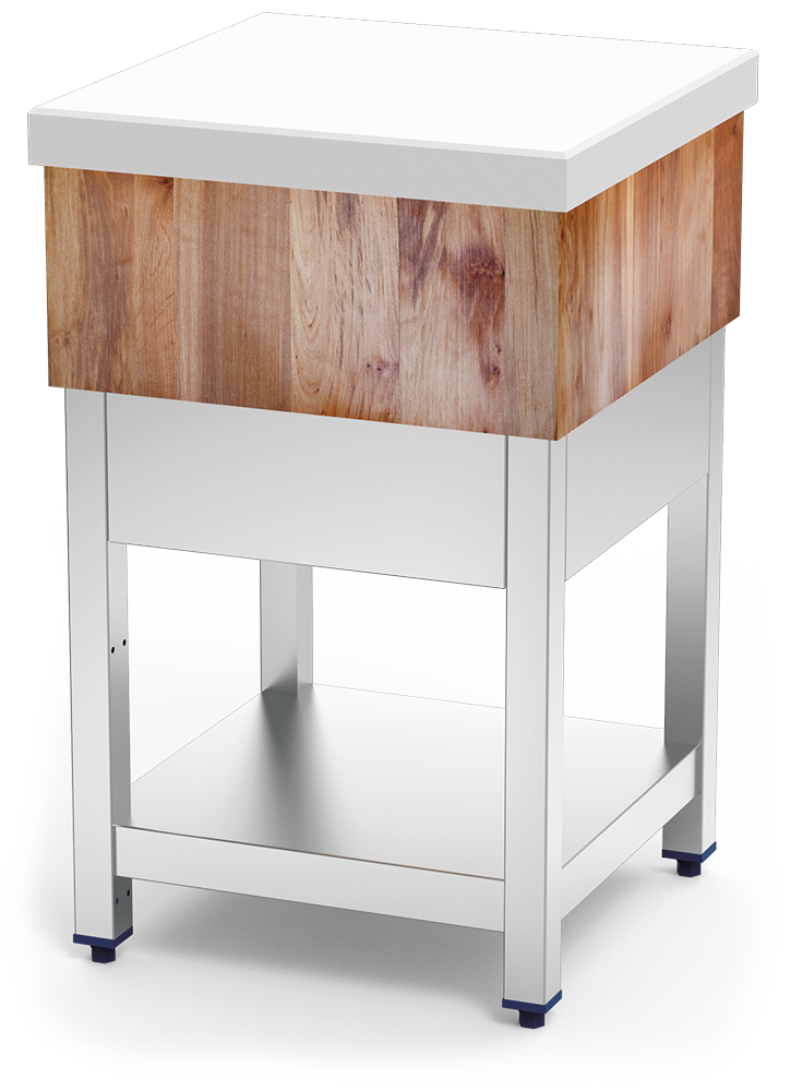 Billot de boucher inox en bois et polyéthylène blanc