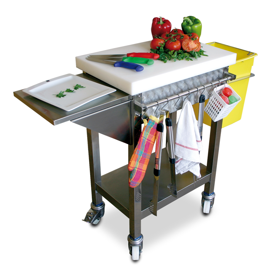 Billot de boucher en polyéthylène blanc et inox, espécial desserte Barbecue