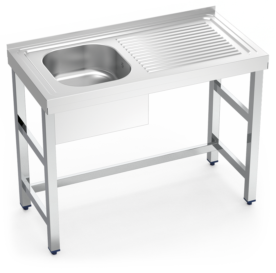 Plonge inox sur pied 1 bac et égouttoir à droite. Largeur = 500 mm