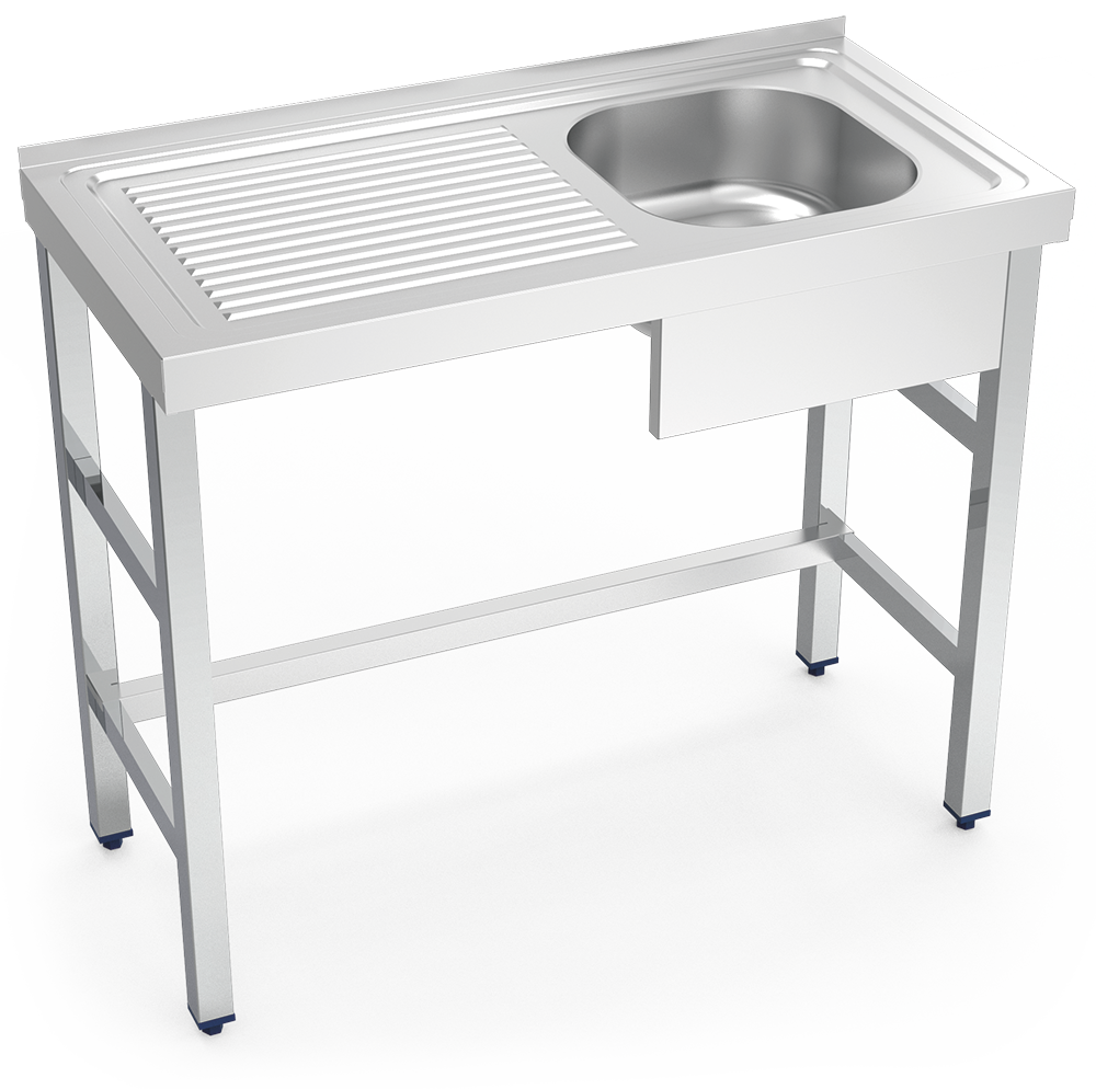 Plonge inox sur pied 1 bac et égouttoir à gauche. Largeur = 500 mm