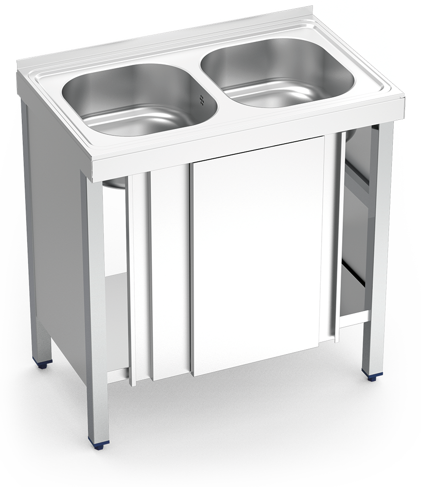 Plonge inox avec portes coulissantes série 500 2 bacs