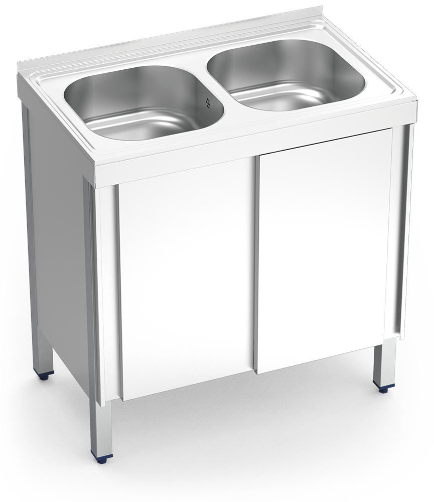 Plonge inox avec portes coulissantes série 500 2 bacs