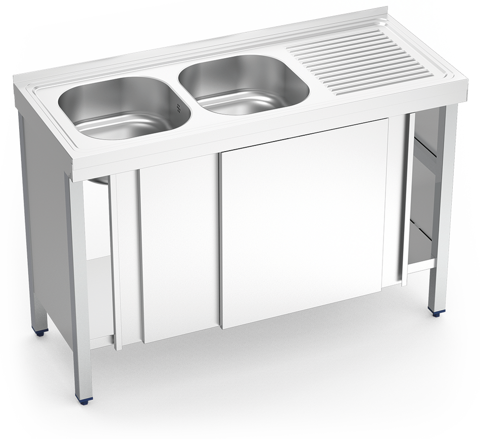 Plonge inox avec portes coulissantes série 500 2 bacs 1 égouttoir à droite