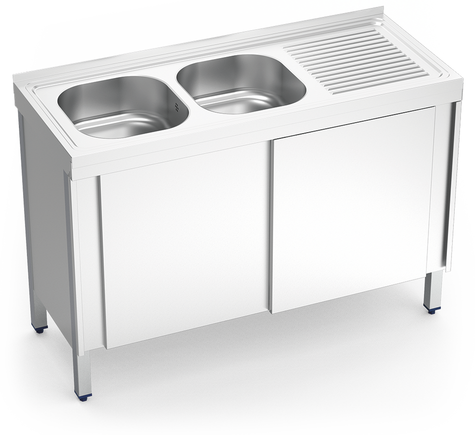 Plonge inox avec portes coulissantes série 500 2 bacs 1 égouttoir à droite