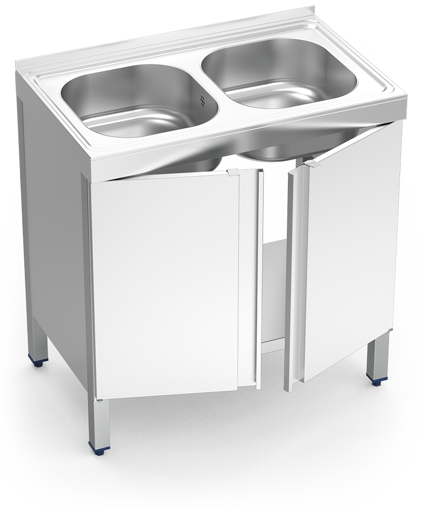 Spültisch aus Edelstahl mit Flügeltüren und 2 Becken