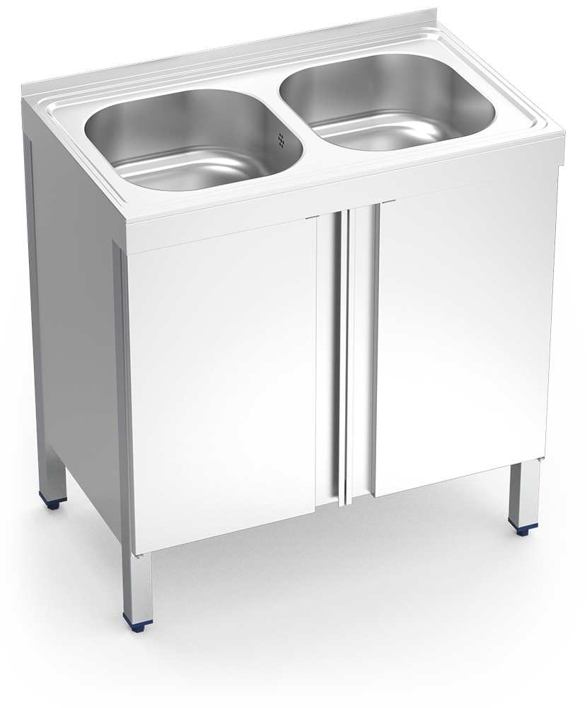 Spültisch aus Edelstahl mit Flügeltüren und 2 Becken