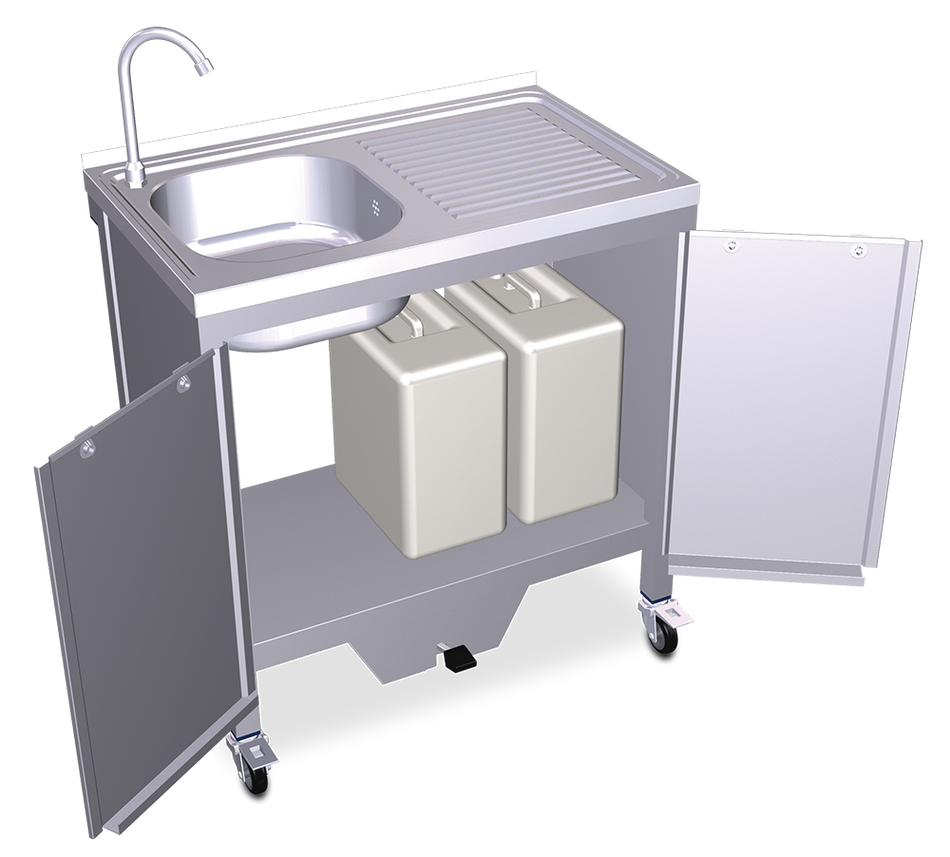 Self-contained sink with drainer on the right, foot pump 