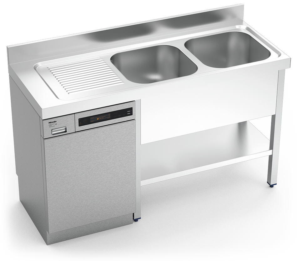 Stainless steel sink unit for dishwasher with 2 bowls and left drain board