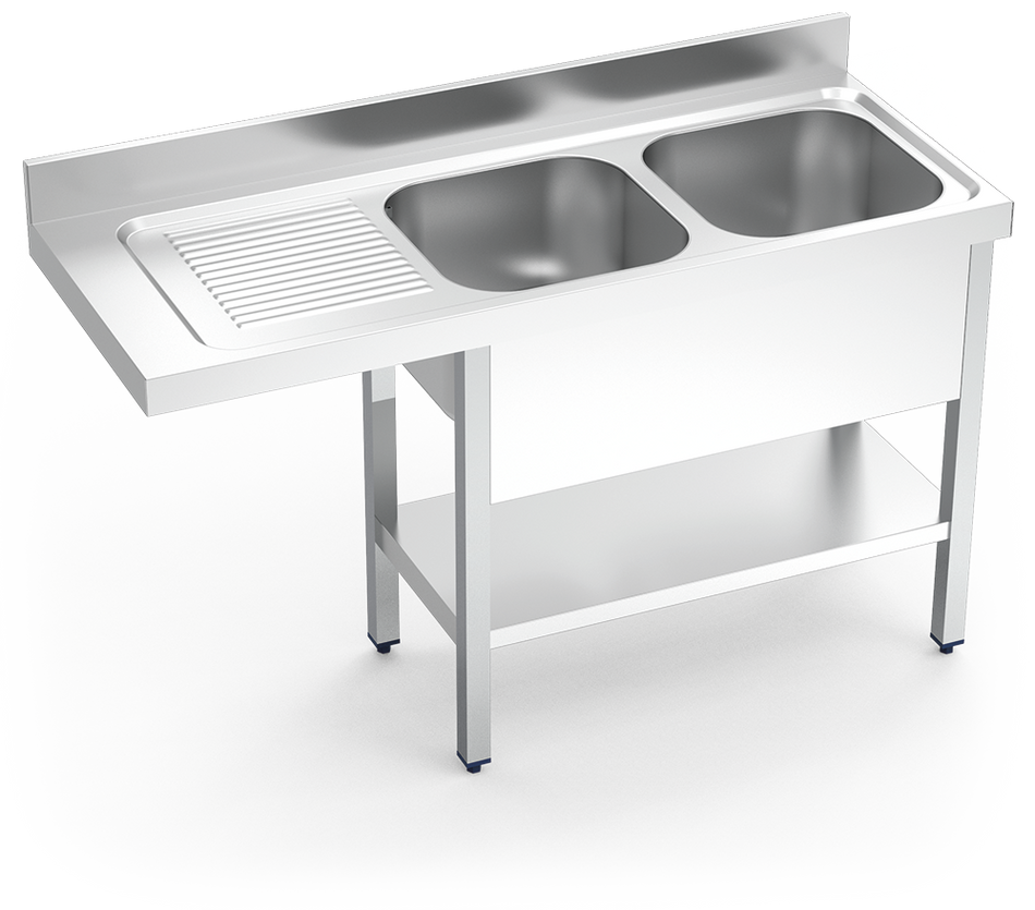 Stainless steel sink unit for dishwasher with 2 bowls and left drain board