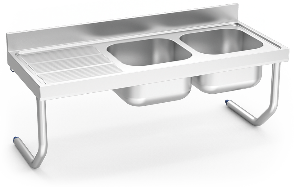 Edelstahl-Waschbecken mit hängenden Rohren Serie 600 2 Becken 1 Abtropfbecken links