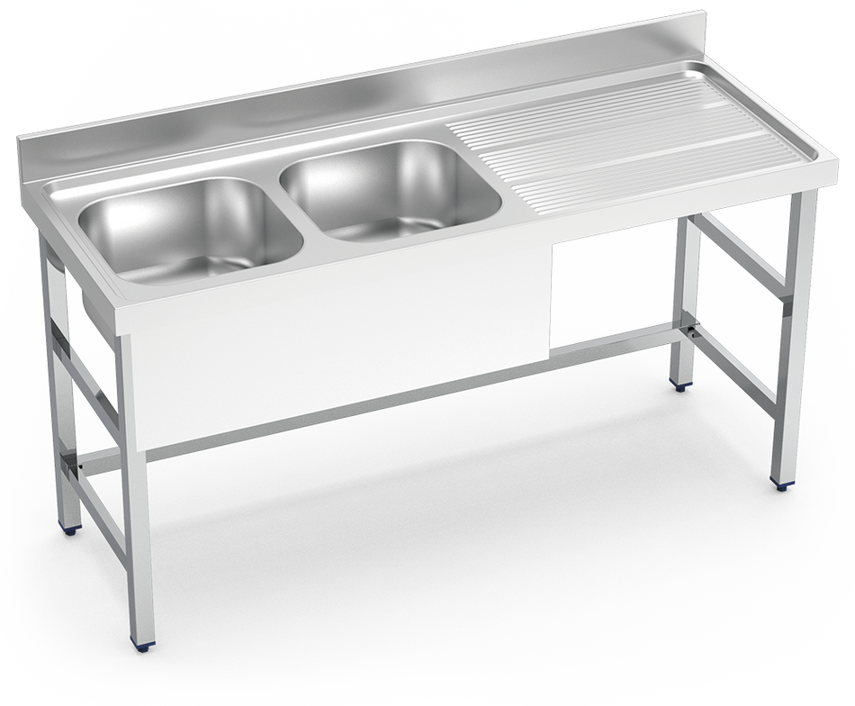 Edelstahl-Spülbecken auf Füßen ohne Unterregal Serie 600 2 Becken 1 Abtropfbecken rechts teilweise verkleidet
