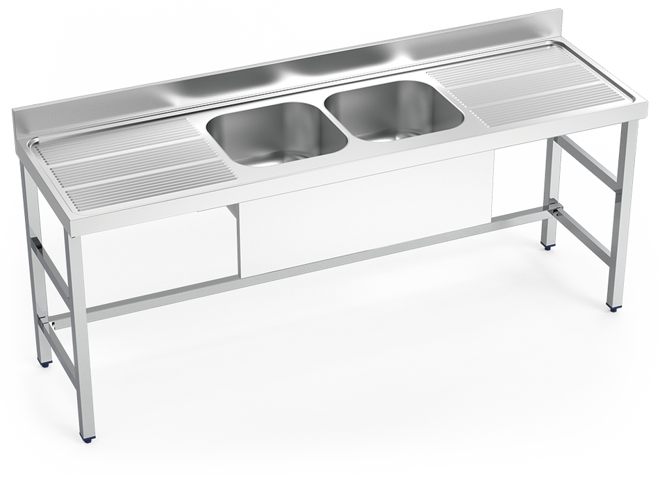 Hängendesspüle aus Edelstahl ohne Unterregal Serie 600 2 Becken 2 Abtropfen teilweise verkleidet