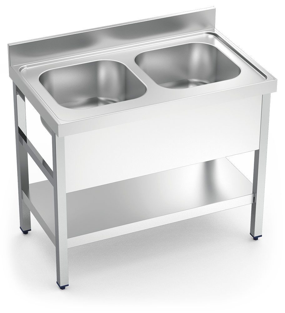 Hängendes Spülbecken aus Edelstahl mit Regal darunter Serie 600 2 Becken 1 komplette Verkleidung