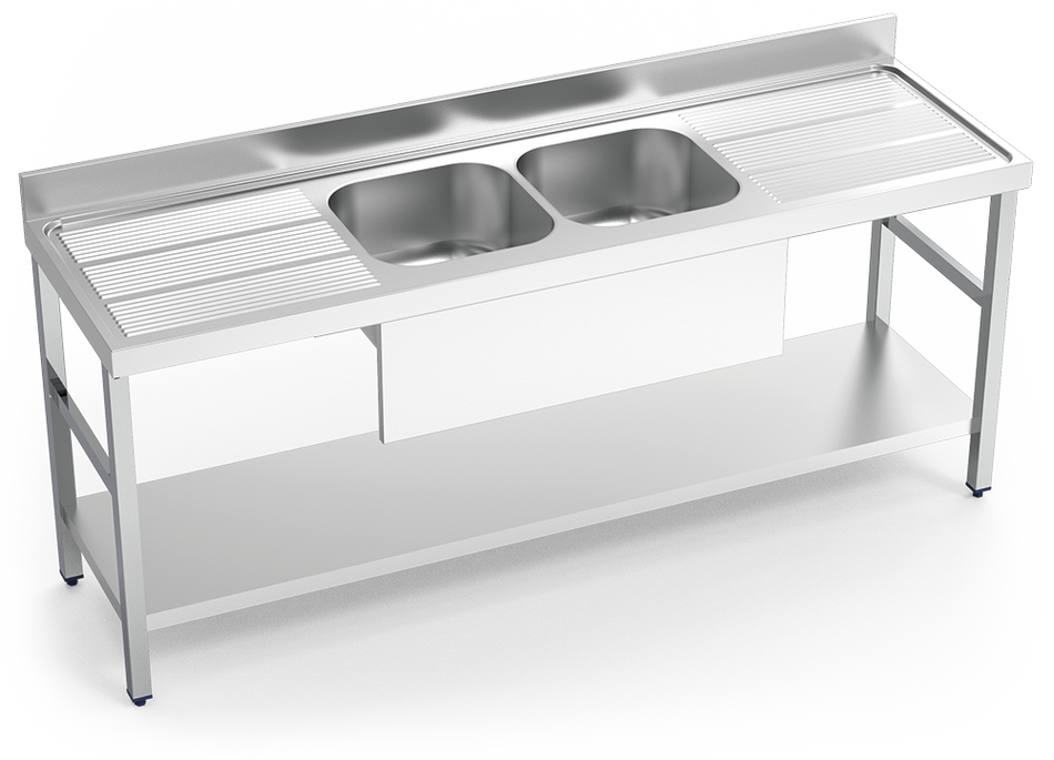 Freisstehendesspüle aus Edelstahl aus Edelstahl mit Regal darunter Serie 600 2 Becken 2 Abtropfbecken teilweise verkleidet