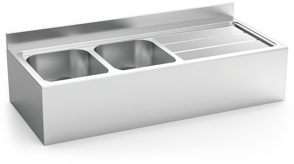 Edelstahl-Hängespüle mit Verkleidung Serie 700 2 Becken 1 Abtropfbecken rechts