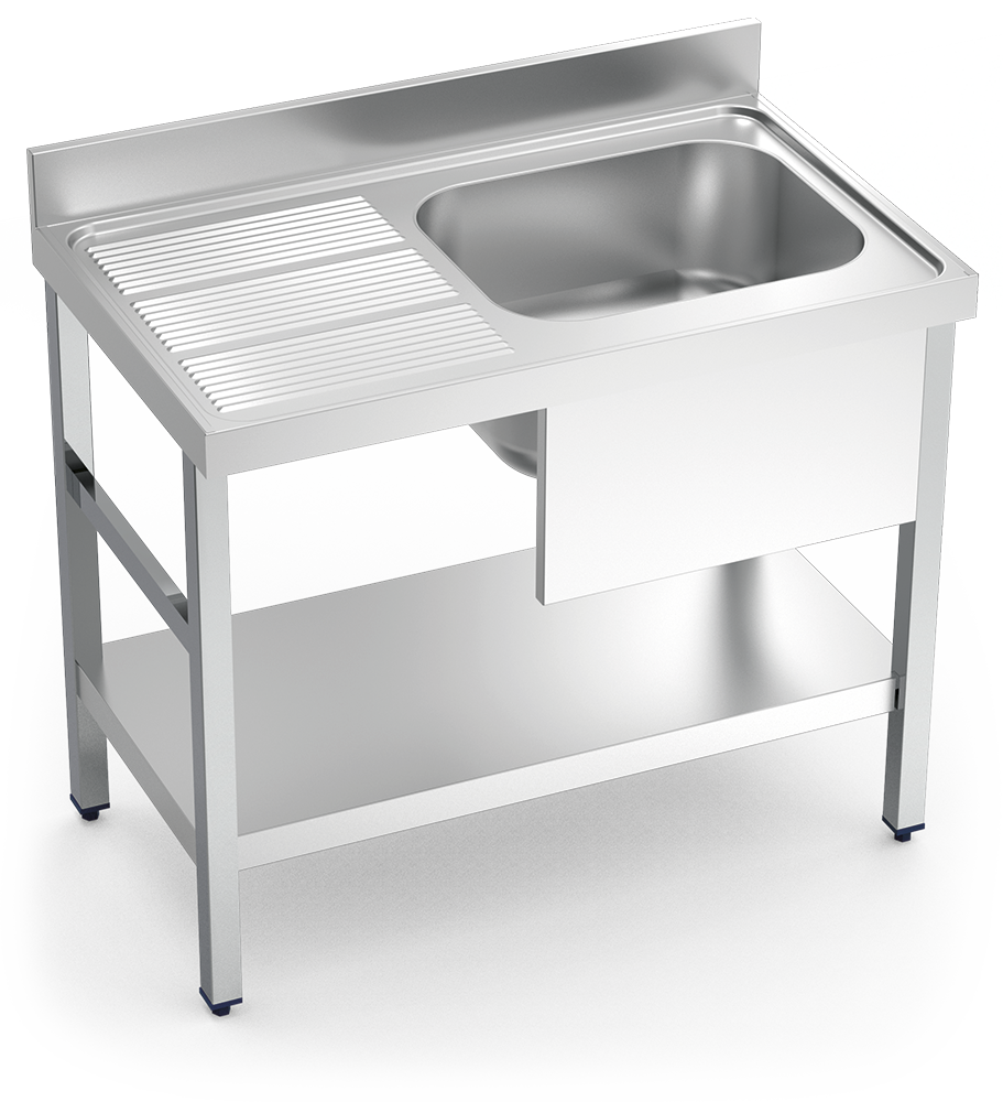 Freisstehendesspüle aus Edelstahl mit darunterliegendem Regal Serie 700 1 Becken 1 linker Abtropf