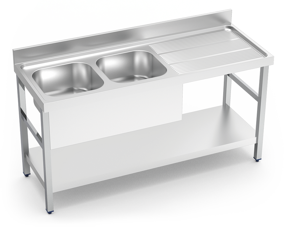 Freistehendes Waschbecken aus Edelstahl mit Regal darunter Serie 700 2 Becken 1 Abtropfbecken rechts teilweise verkleidet
