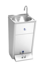 Lave-main aut. sur pied autonome et portable. 2 poussoirs d´eau froide et chaude