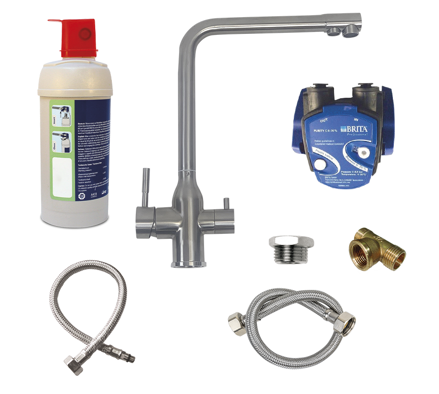 Robinet de cuisine 3 voies en acier inoxydable avec système de filtration professionnel inclus