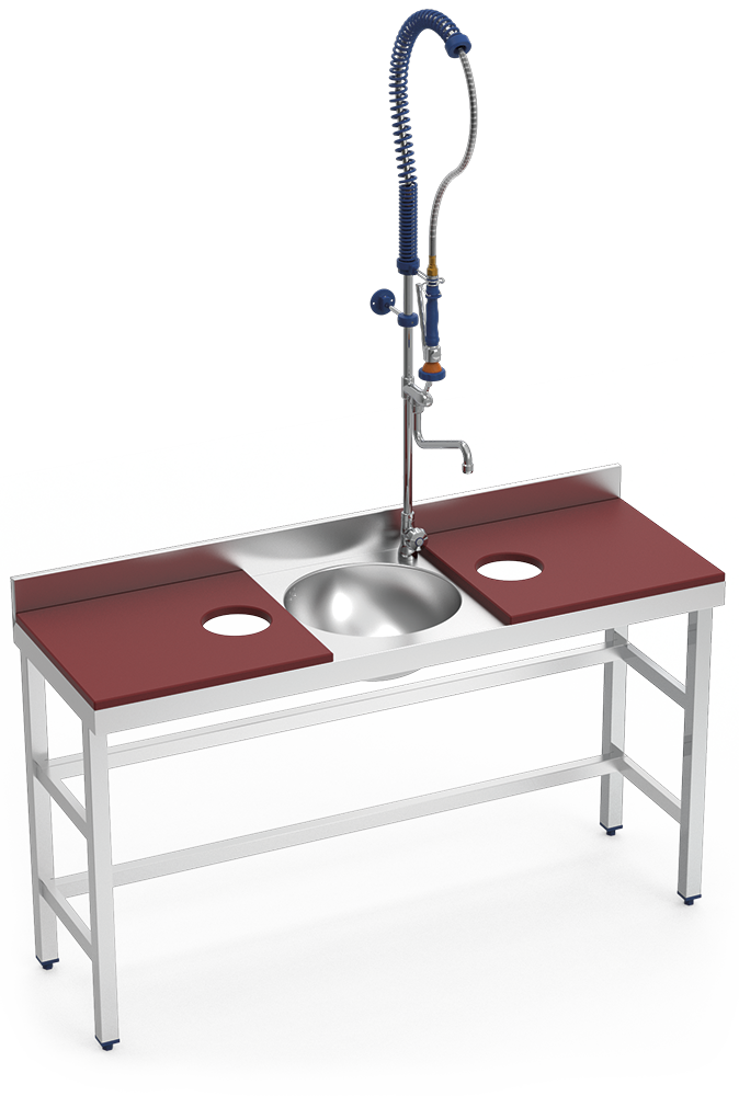 Tavolo di preparazione e lavaggio in acciaio inox 1500 mm rosso 2 fori 
