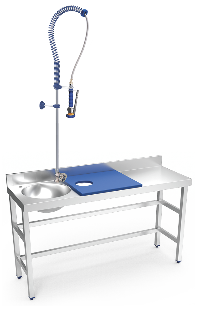 Table de préparation et de lavage inox 1500 mm bleue bac à gauche