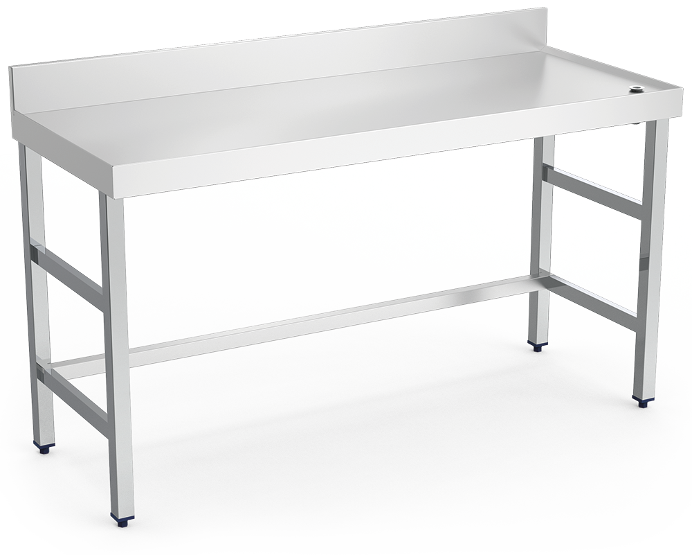 Stainless steel wall-side table with raised edge and drain | Lioninox