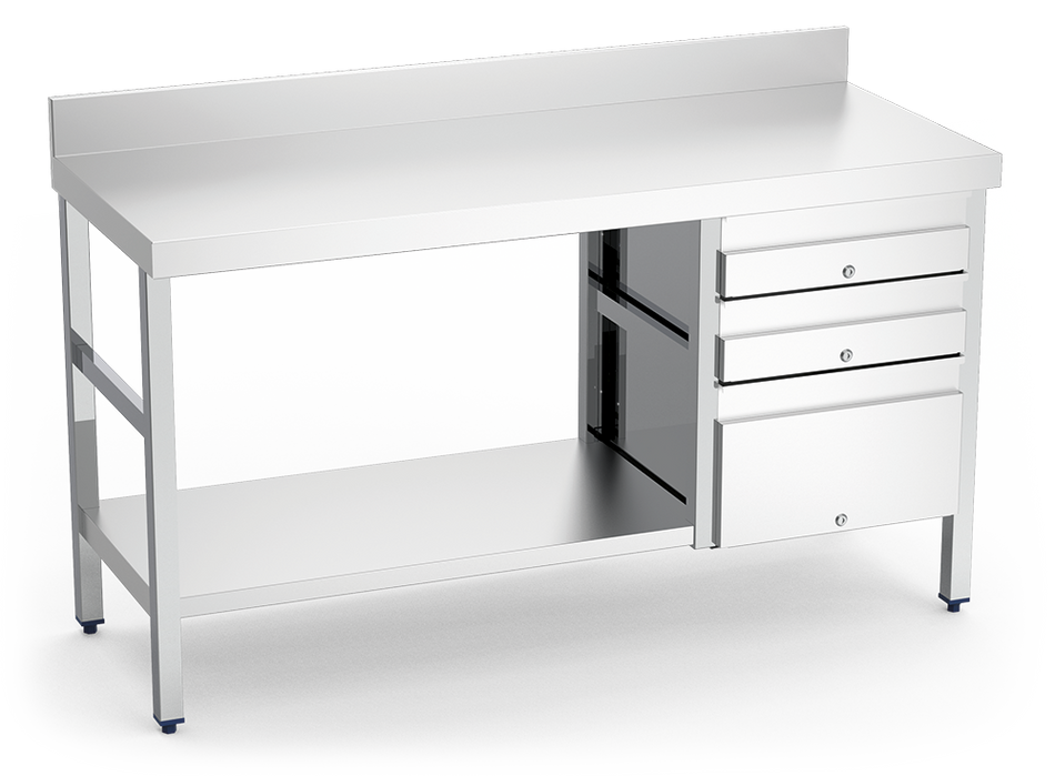 Table murale avec 3 tiroirs droits en acier inoxydable pour environnements professionnels
