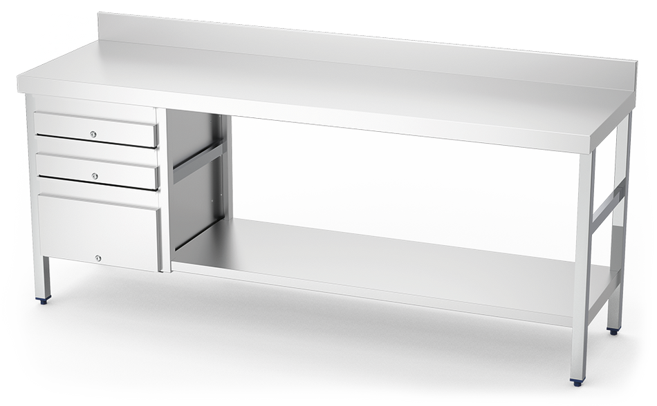 Table murale avec 3 tiroirs à gauche en acier inoxydable pour environnements professionnels