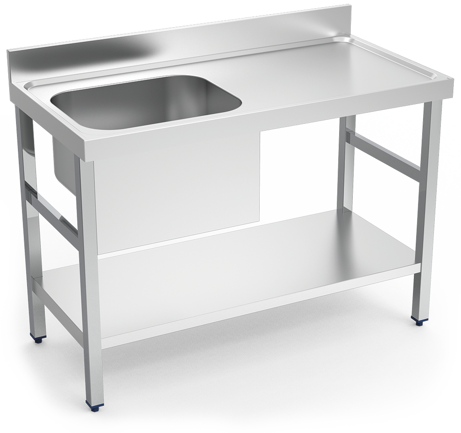 Table adossée inox de chef avec étagère basse, bac à gauche