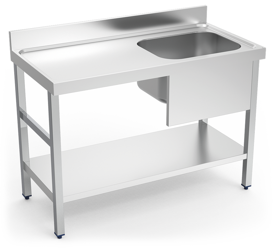 Table adossée inox de chef avec étagère basse, bac à droite