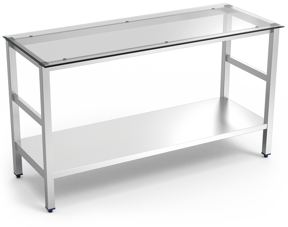 Table centrale inox avec plan de travail en verre