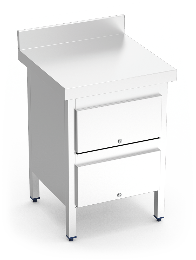 Mesa de trabalho em aço inoxidável com 2 gavetas e ressalto traseiro