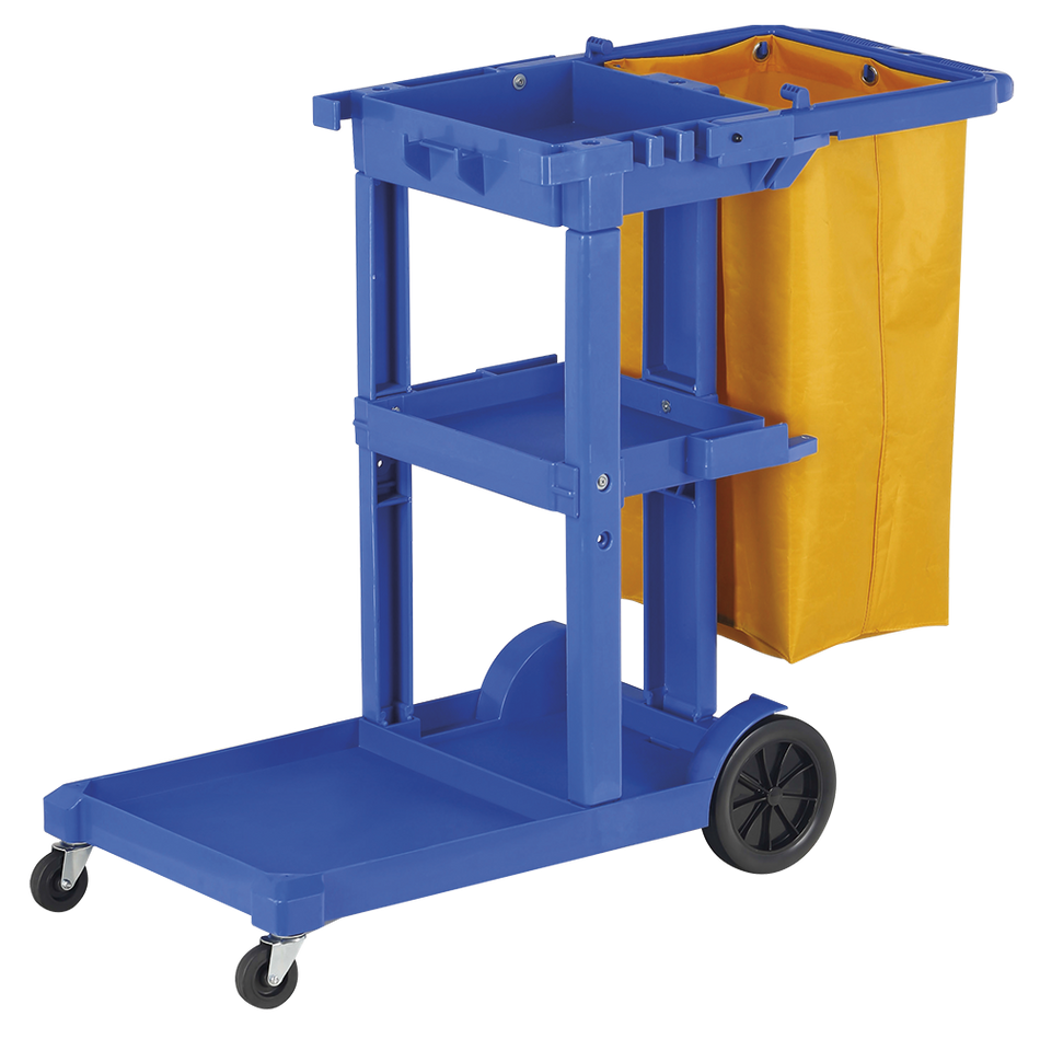 Multifunction cleaning cart with bag, platform, and 3 trays 