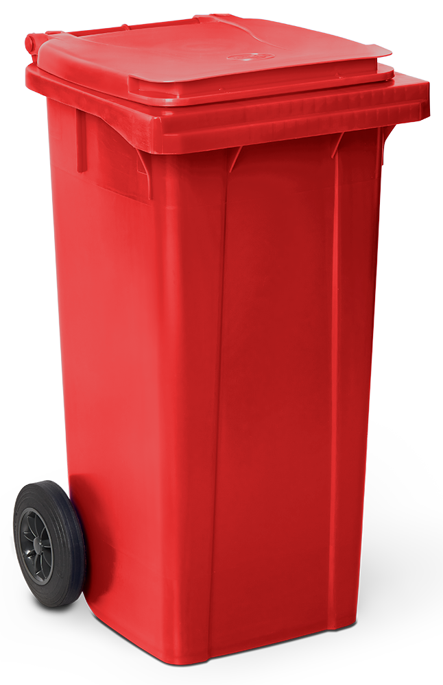 Müllcontainer mit Deckel und Rollen, rot, 120 l.