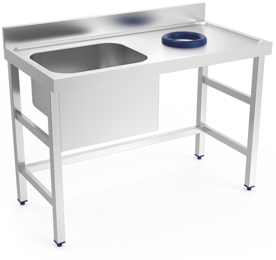 Table inox adossée avec évier et vide-déchets